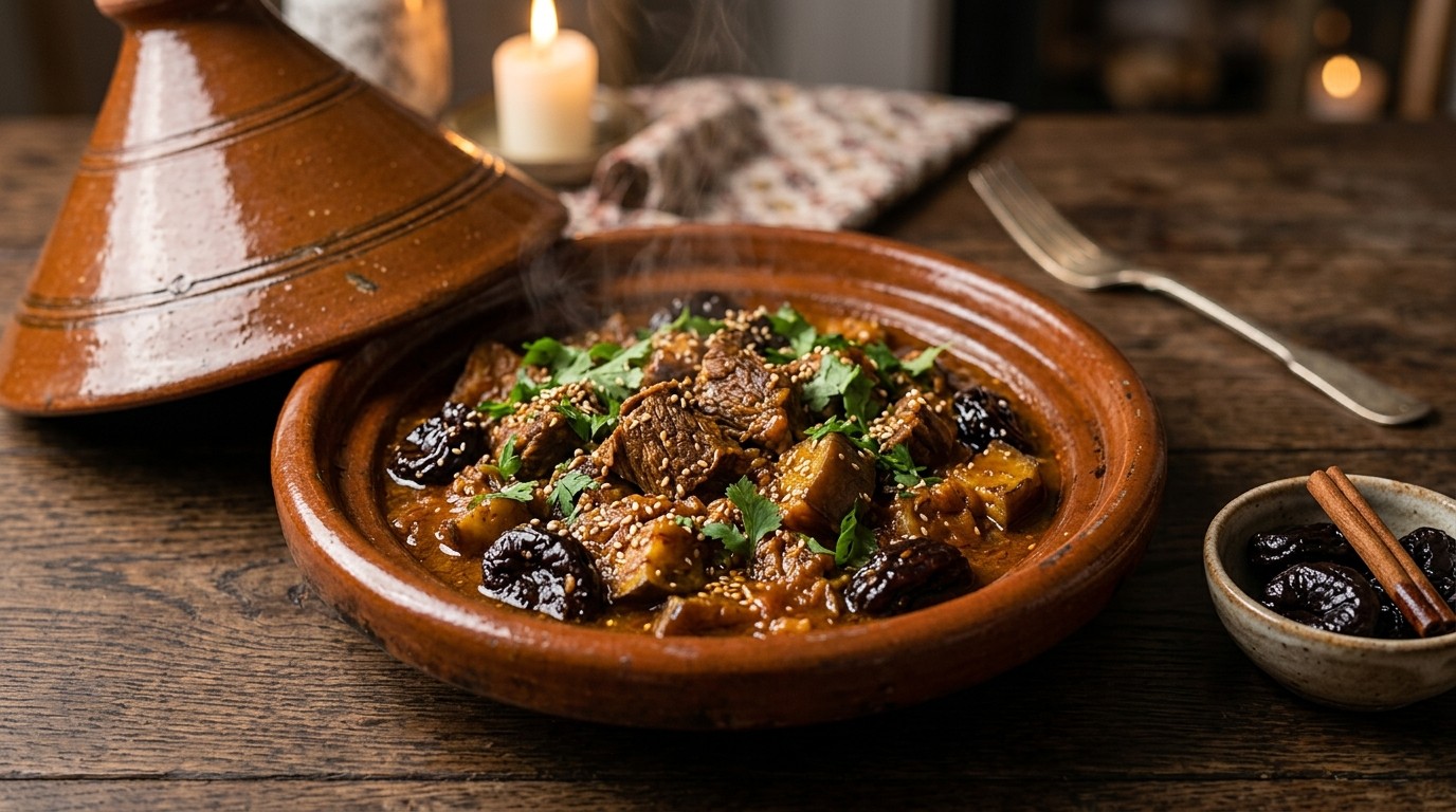 Tajine met Rundvlees, Aubergine en Pruimen