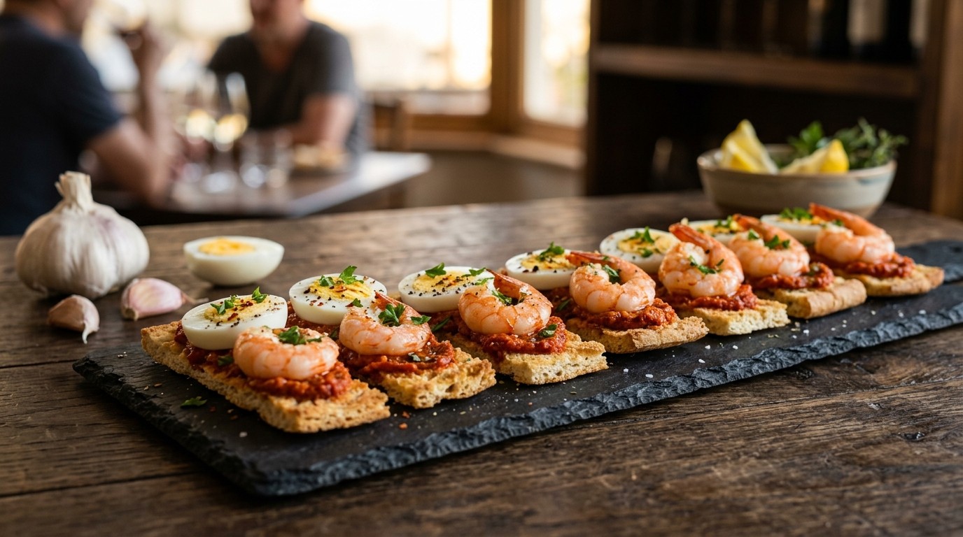 Tapa van Gamba's met Pesto op Krokante Broodreepjes