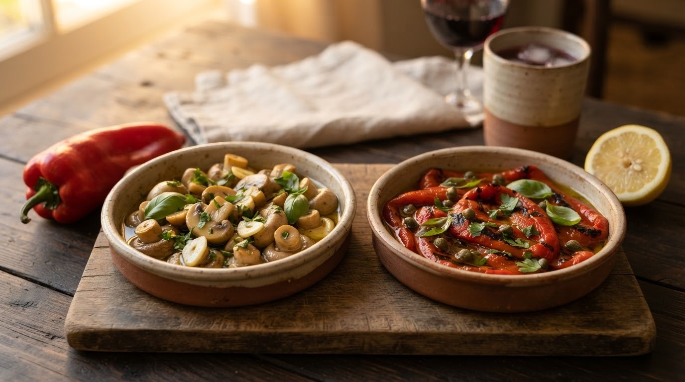 Tapas van Knoflookchampignons en Geroosterde Paprika's