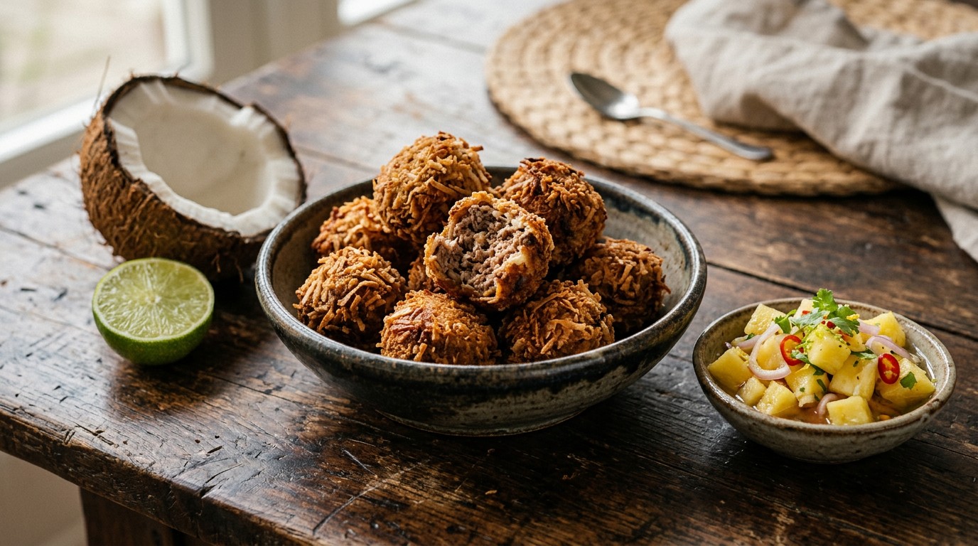 Tartaar Kokosballetjes met Ananassalade recept Tartaar Kokosballetjes met Ananassalade recept