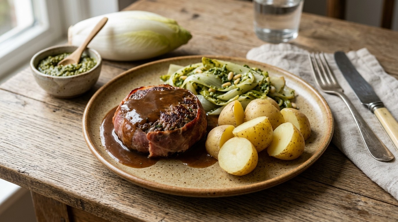 Tartaartje met Gerookte ham, Andijvie, Pesto en Aardappelen recept Tartaartje met Gerookte ham, Andijvie, Pesto en Aardappelen recept