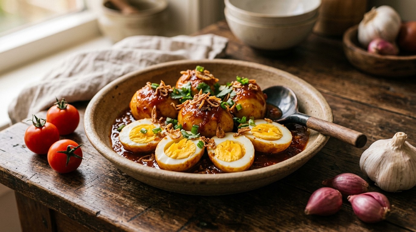 Telor Boemboe Bali (gekookte Eieren in Zoete Saus) recept Telor Boemboe Bali (gekookte Eieren in Zoete Saus) recept