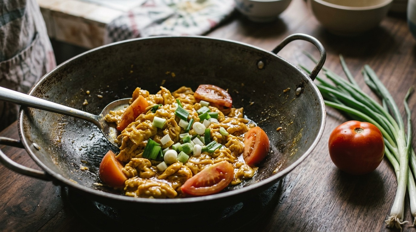 Telor Orak-Arik Dengan Kecap Dan Tomat (roerei met Ketjap en Tomaat)