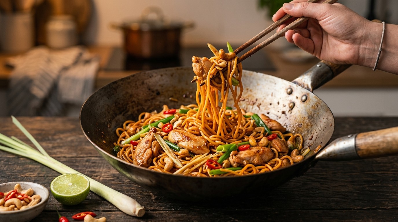 Thaise Noedels met kip en Cashewnoten