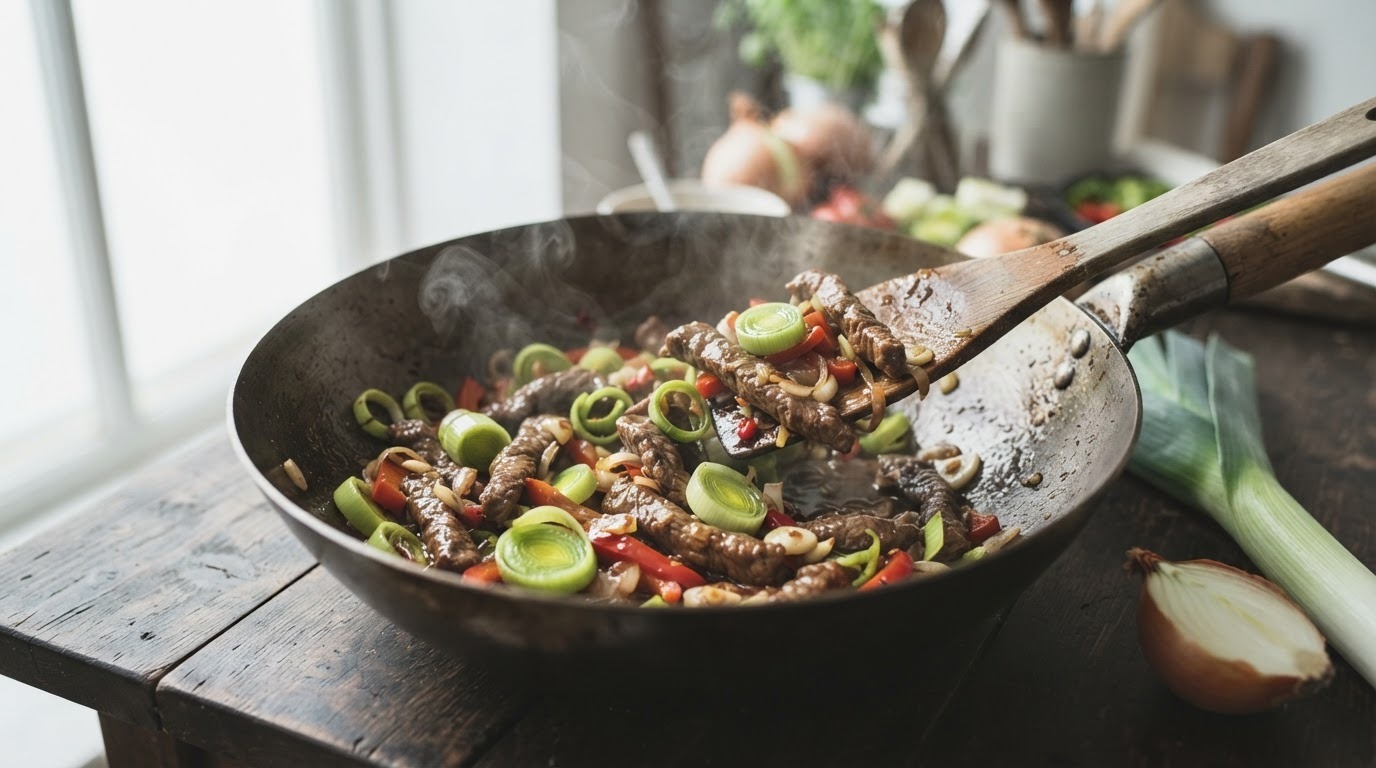 Thaise Roerbak van Runderreepjes en Prei