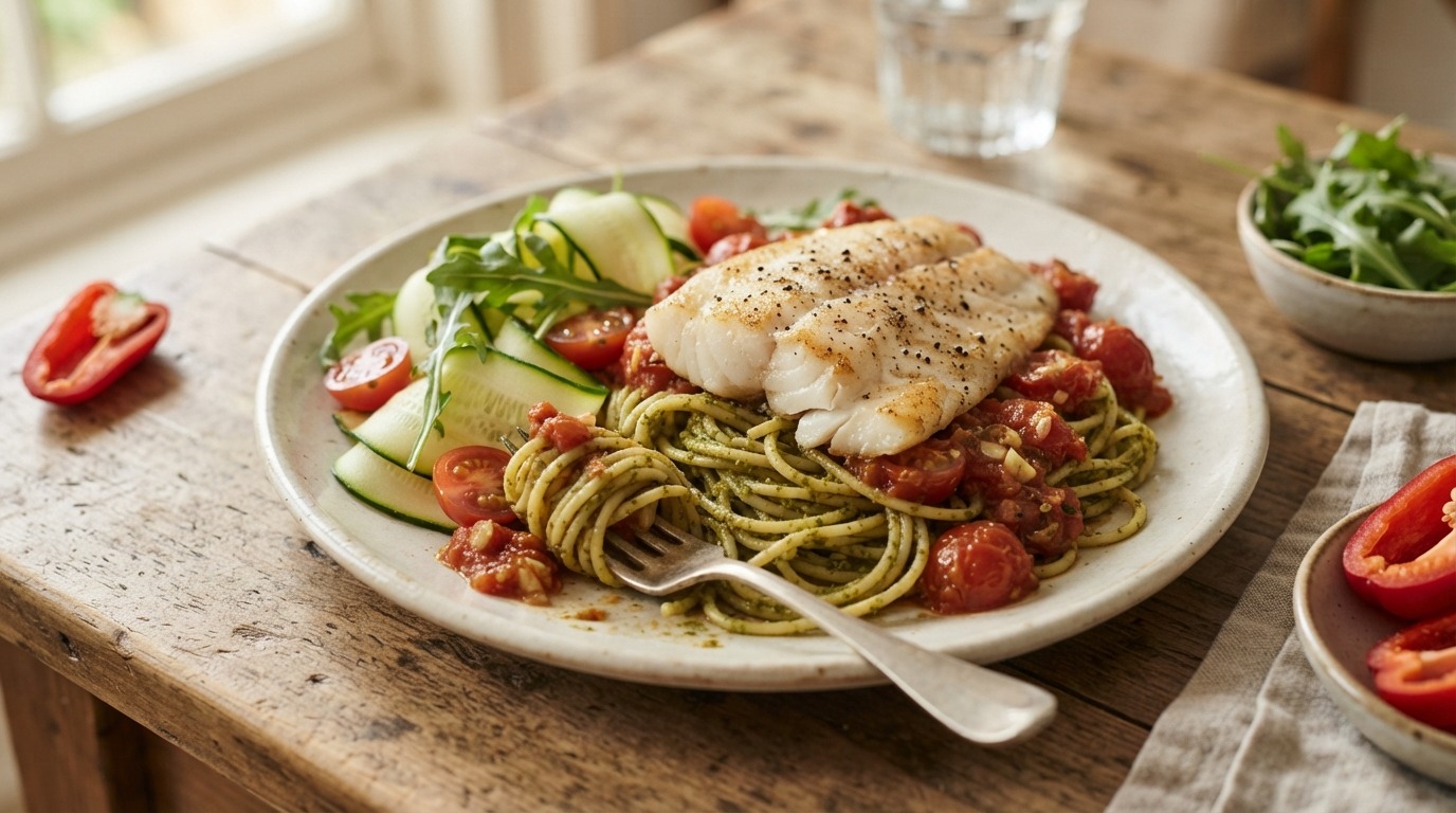Tilapiafilet in Tomatensaus met Rucolapestospaghetti
