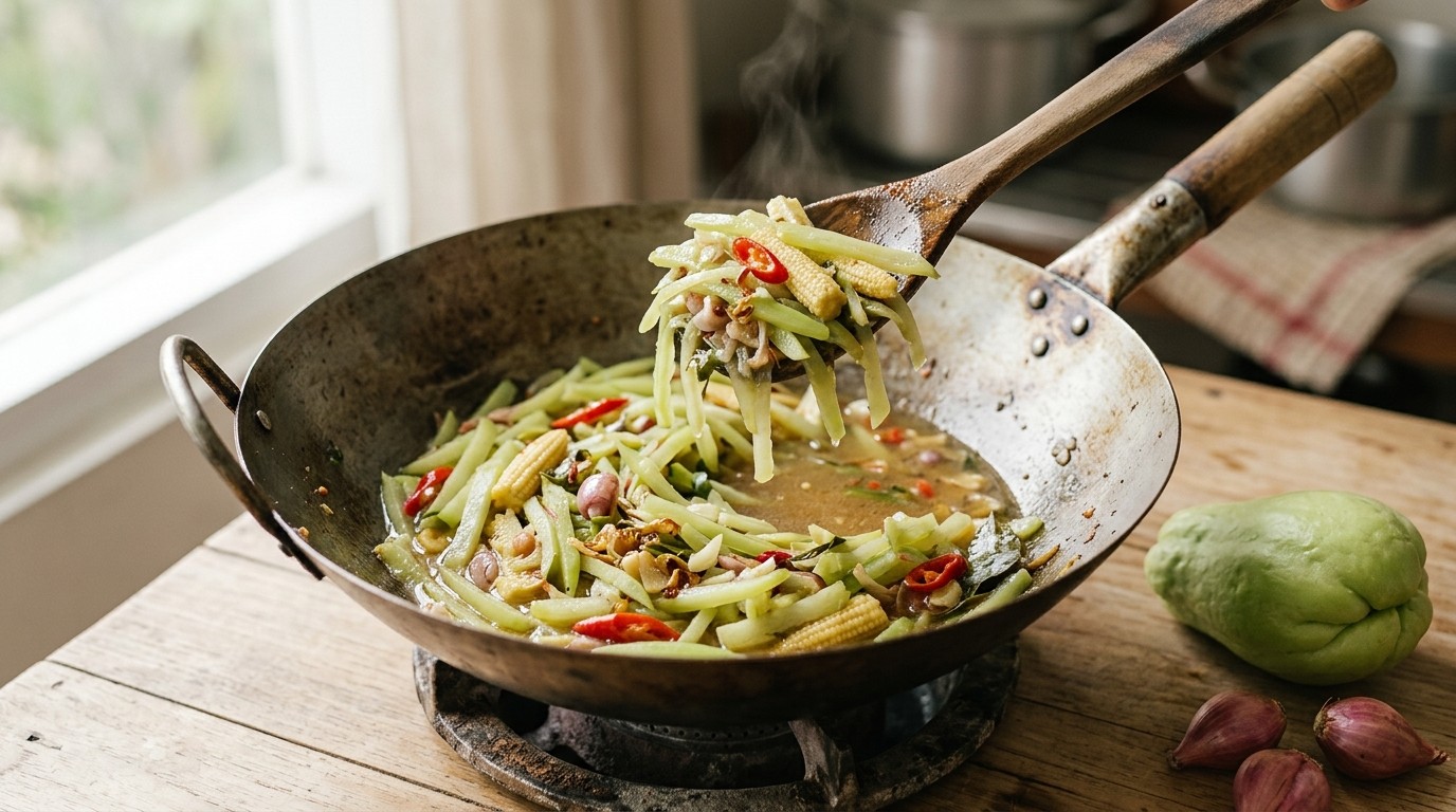 Toemis Labu Siam (roerbak van Kruidige Sjalotjes en Mais)