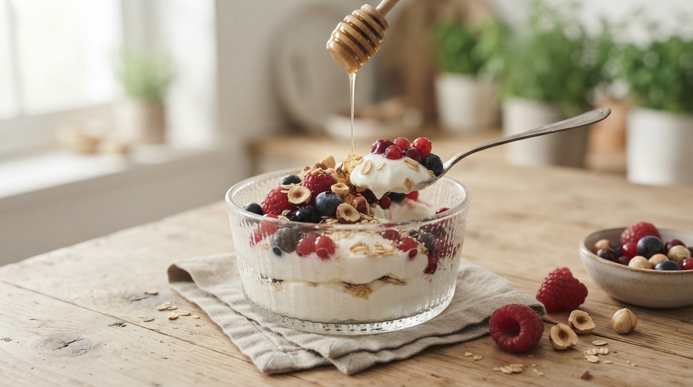 Toetje van Griekse Yoghurt, Zomerfruit en Hazelnoten