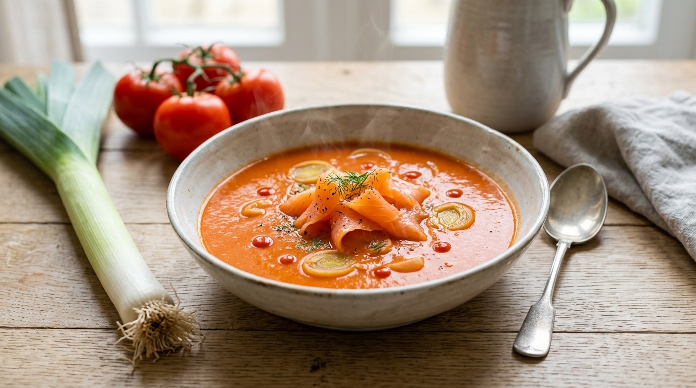 Tomaten-preisoep met Zalm recept Tomaten-preisoep met Zalm recept