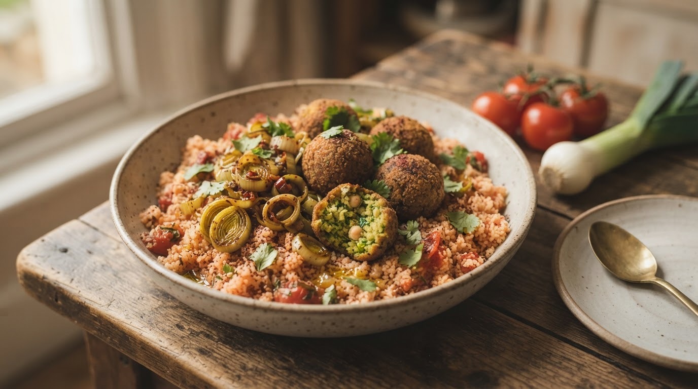 Tomatencouscous met Pittige Prei en Falafel