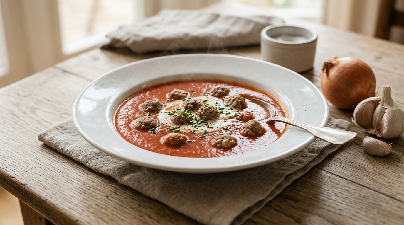 Tomatencrème Soep met Kalfsgehakballetjes