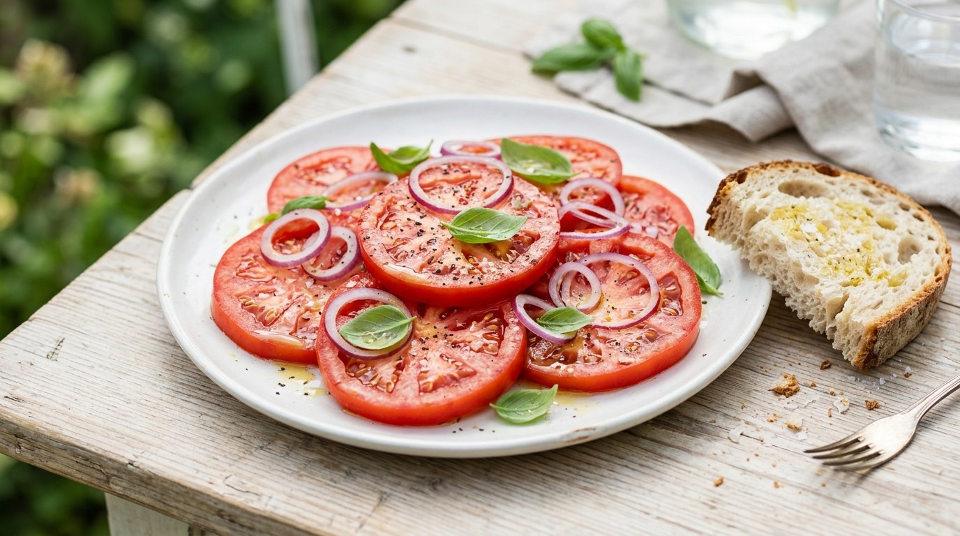 Tomatensalade met Rode ui en Basilicum recept Tomatensalade met Rode ui en Basilicum recept