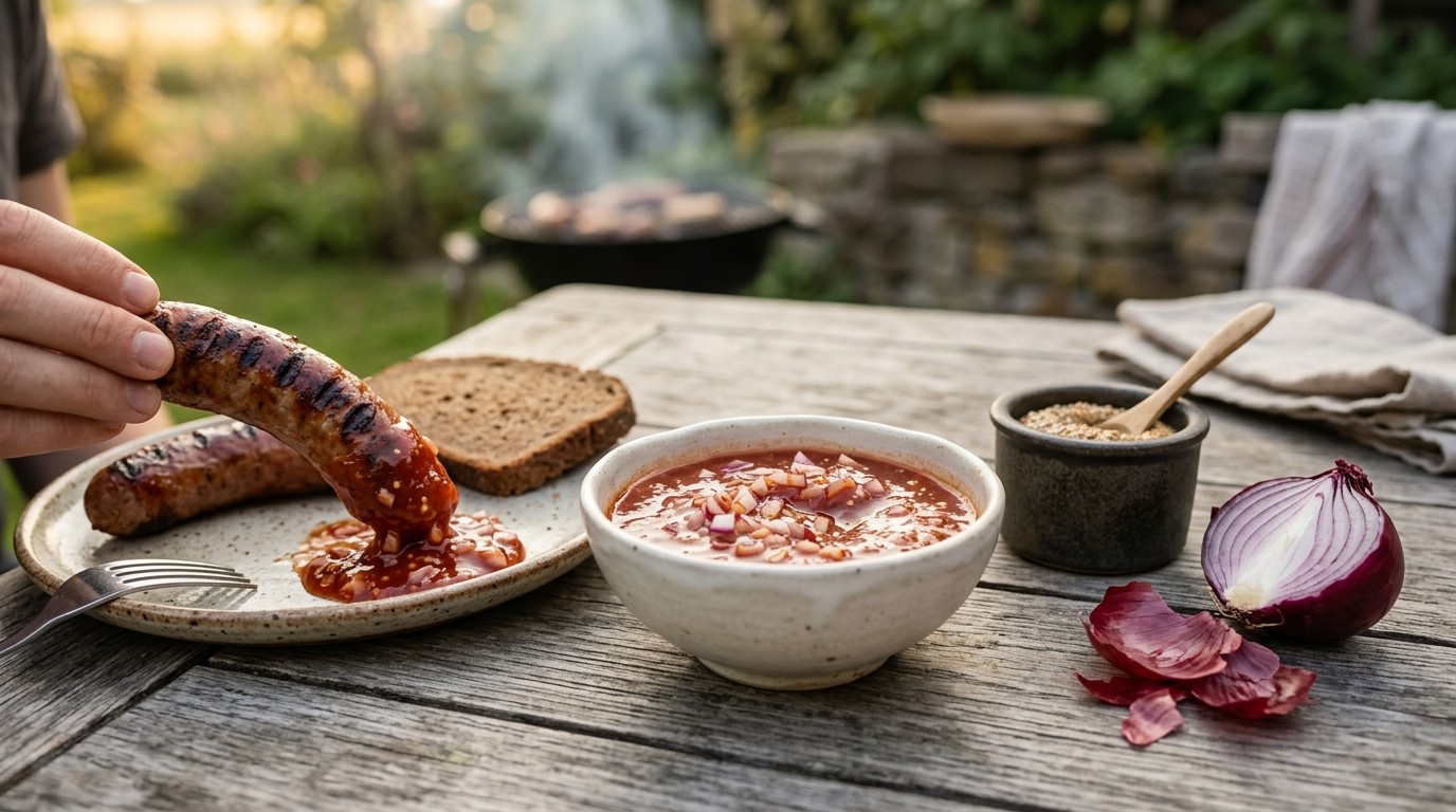 Tomatensaus met Gesnipperde ui en Mosterd