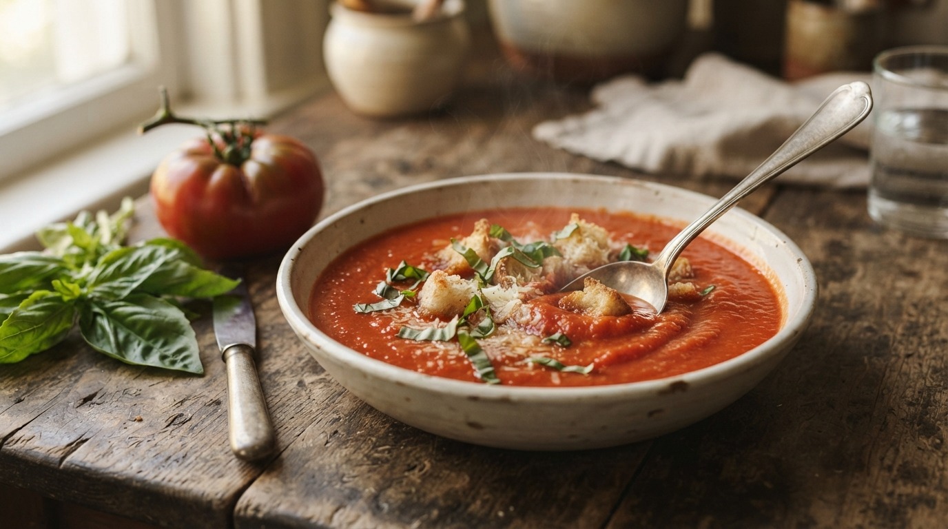 Tomatensoep met Croutons en Basilicum