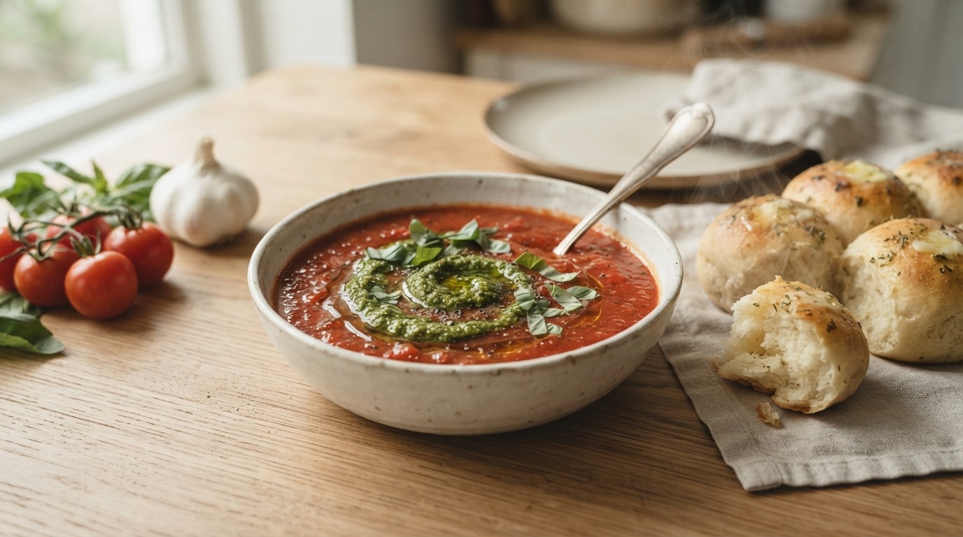 Tomatensoep met Knoflookbroodjes