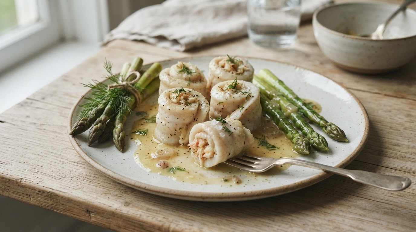Tongrolletjes met Krab en Groene Asperges