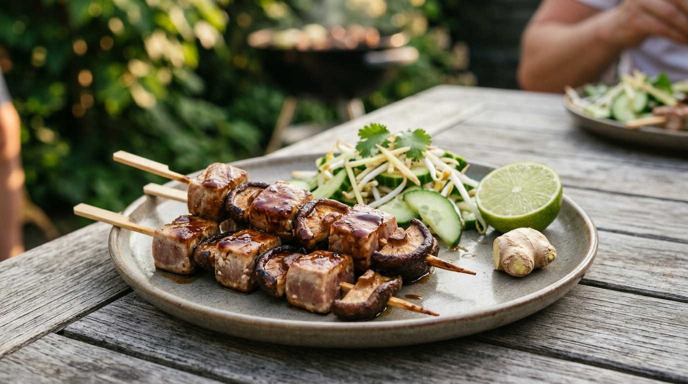 Tonijn-shii Take Saté met Zoete Ketjapsaus en Taugésalade