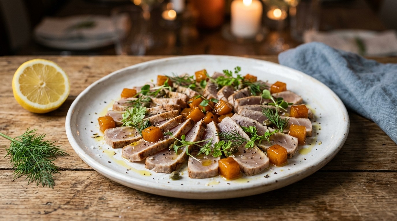 Tonijncarpaccio en Pompoen in Siroop