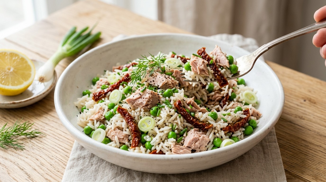 Tonijnsalade met Rijst, Doperwten en Zongedroogde Tomaten