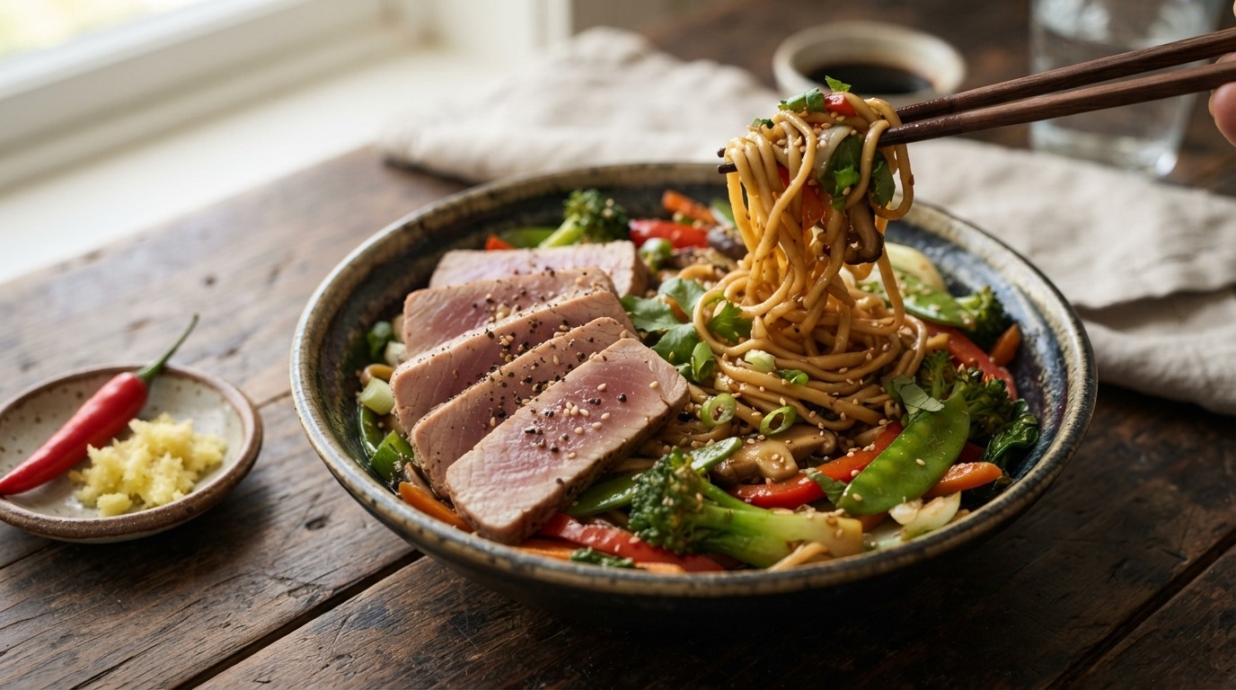 Tonijnsteak met Noedels en Wokgroenten in Sojasaus