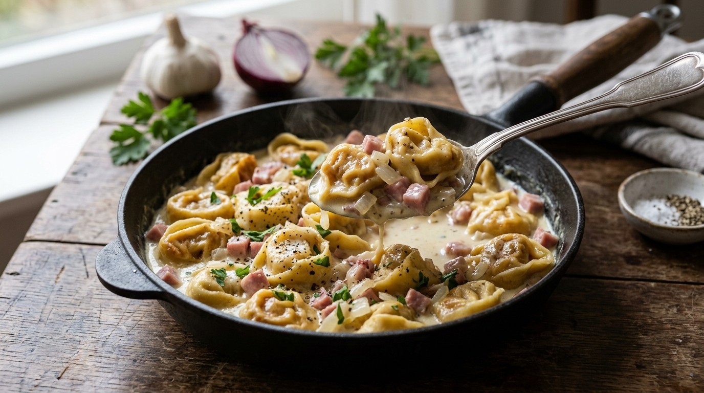 Tortelloni met ham en Knoflookroom