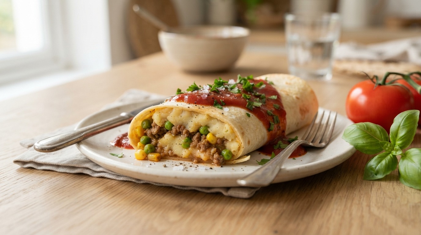 Tortilla met Aardappelpuree en Garnituur van Tomatensaus
