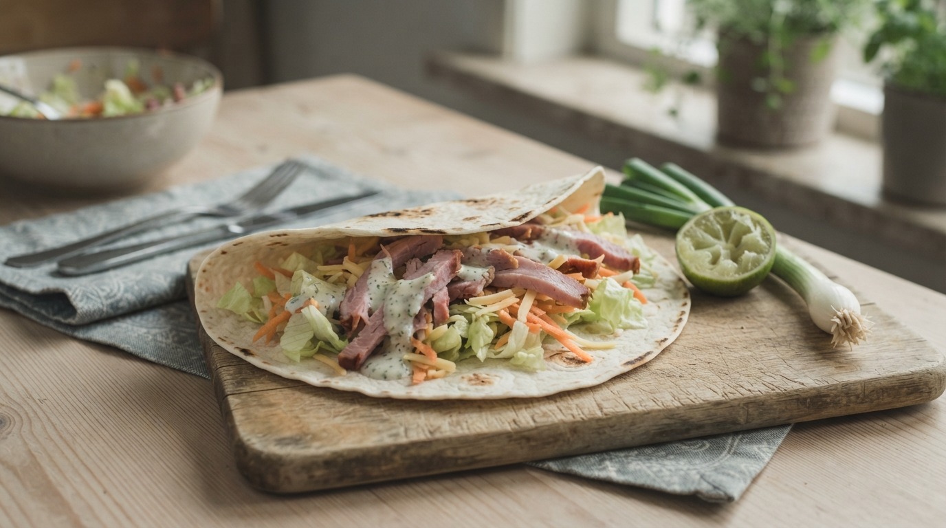Tortilla met Gemengde sla en Reepjes Casselerrib
