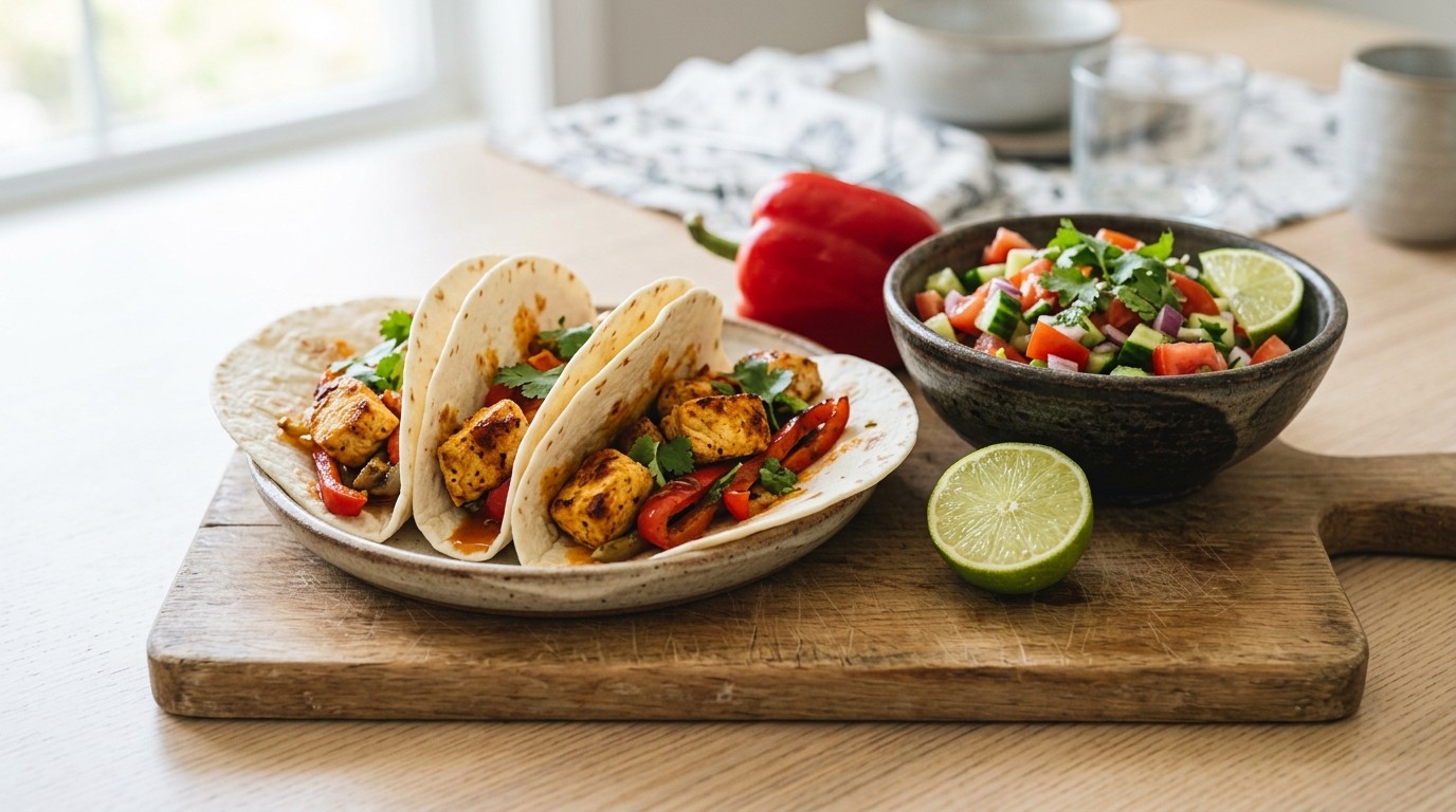 Tortilla's met kip en Tomaten-komkommersalade