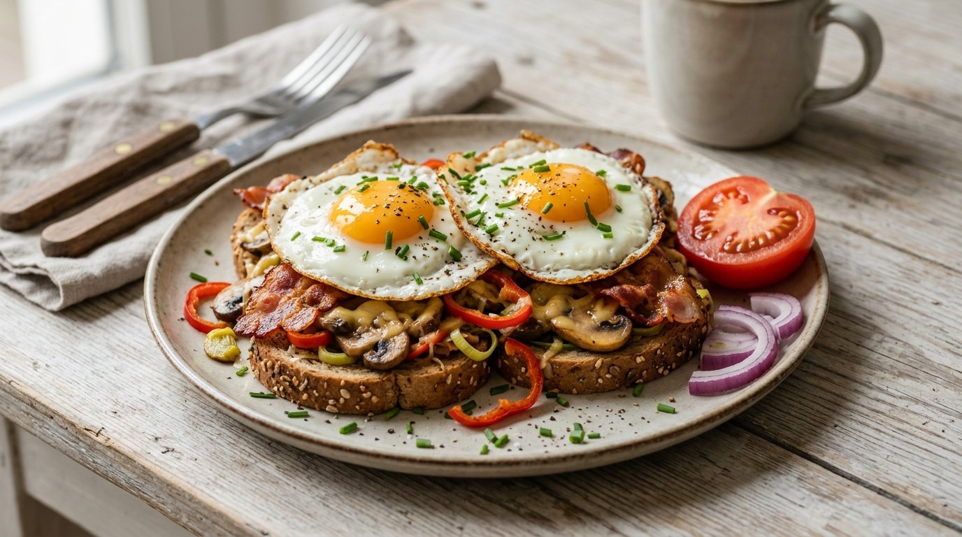 Uitsmijter met Champignons, Rode Paprika en Gebakken Bacon