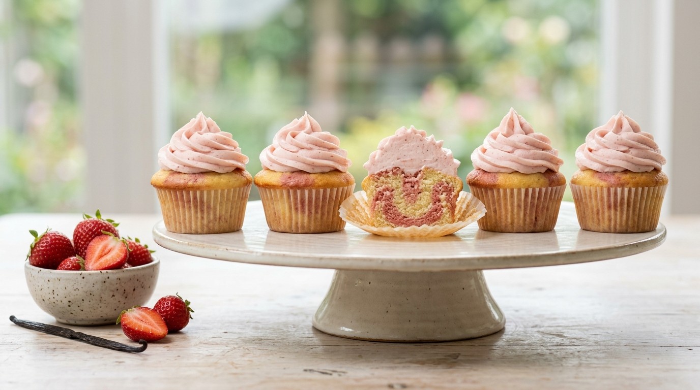 Vanille-aardbei Marmercupcakes