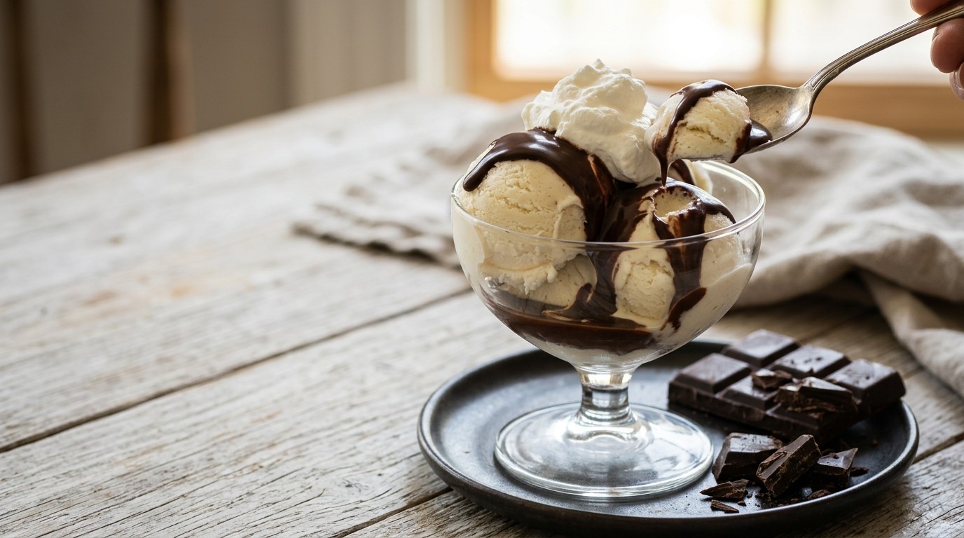 Vanille-ijs met Chocoladesaus