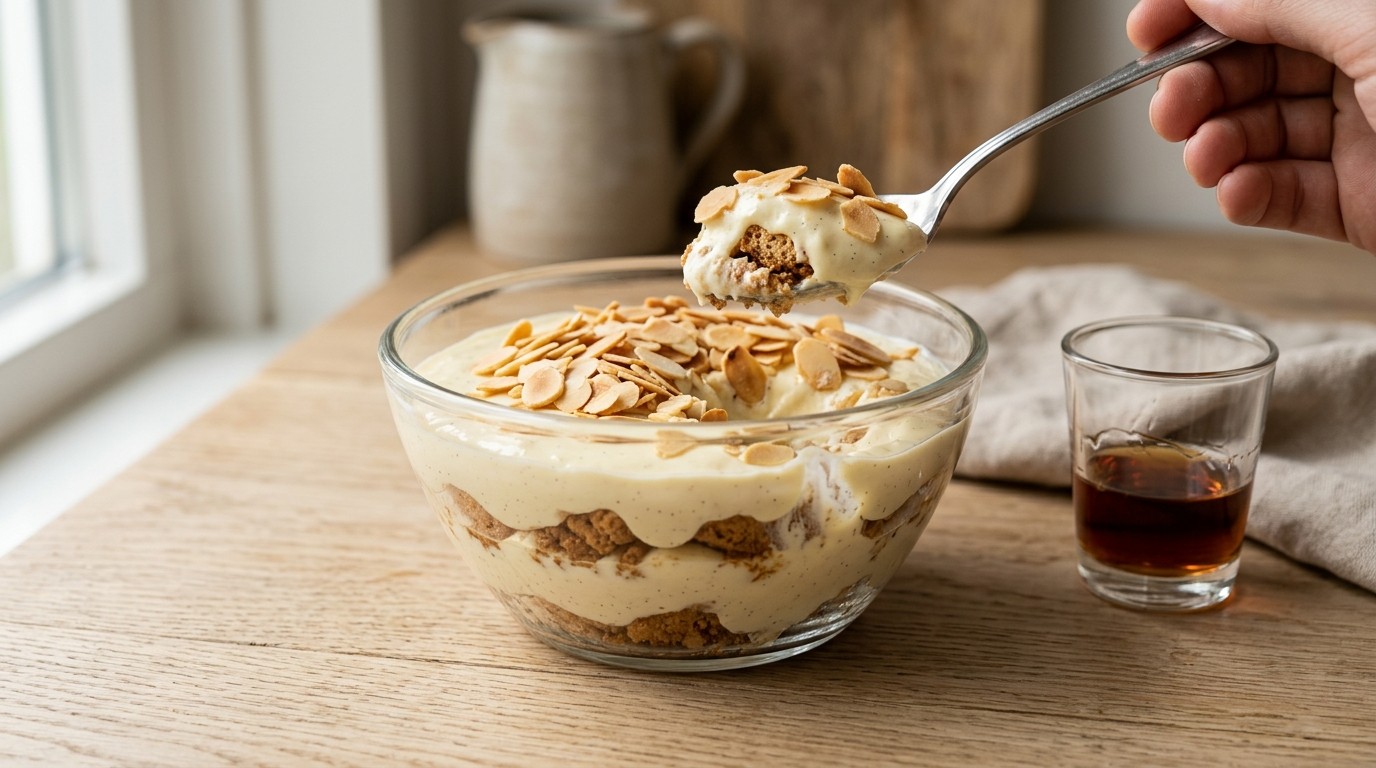 Vanillekwark met Bitterkoekjes en Amandelschaafsel