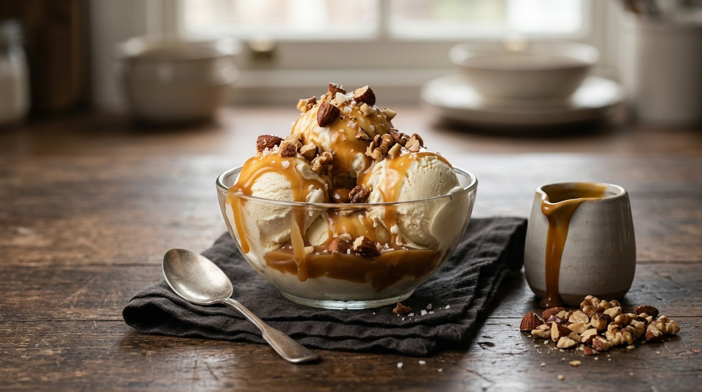 Vanilleroomijs met Karamelsaus en Noten
