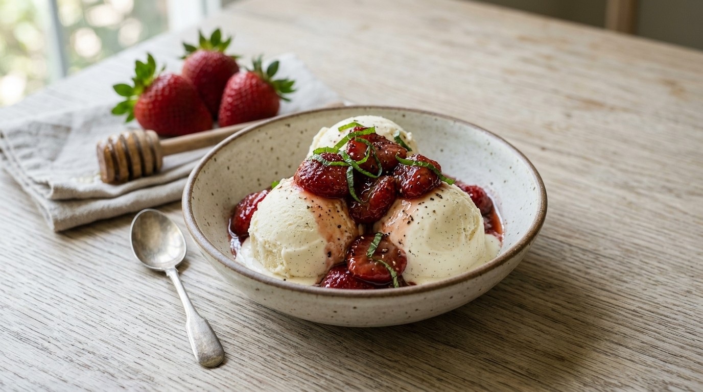 Vanilleroomijs met Warme Aardbeien