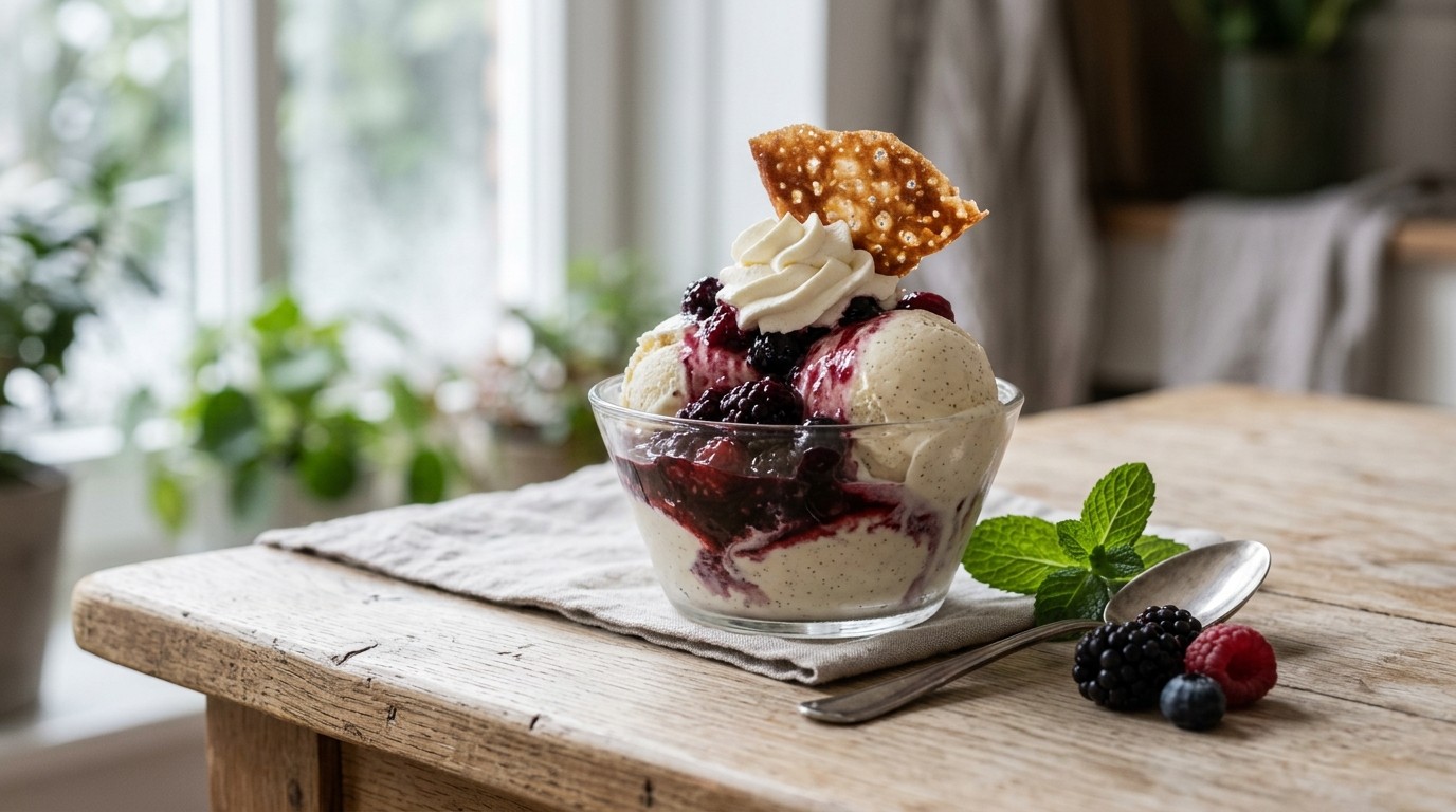 Vanilleroomijs met Warme Bosvruchten recept Vanilleroomijs met Warme Bosvruchten recept