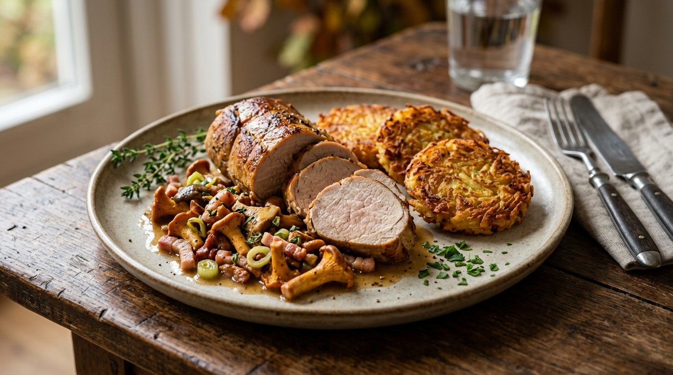 Varkensfilet met Paddestoelen en Röstikoekjes