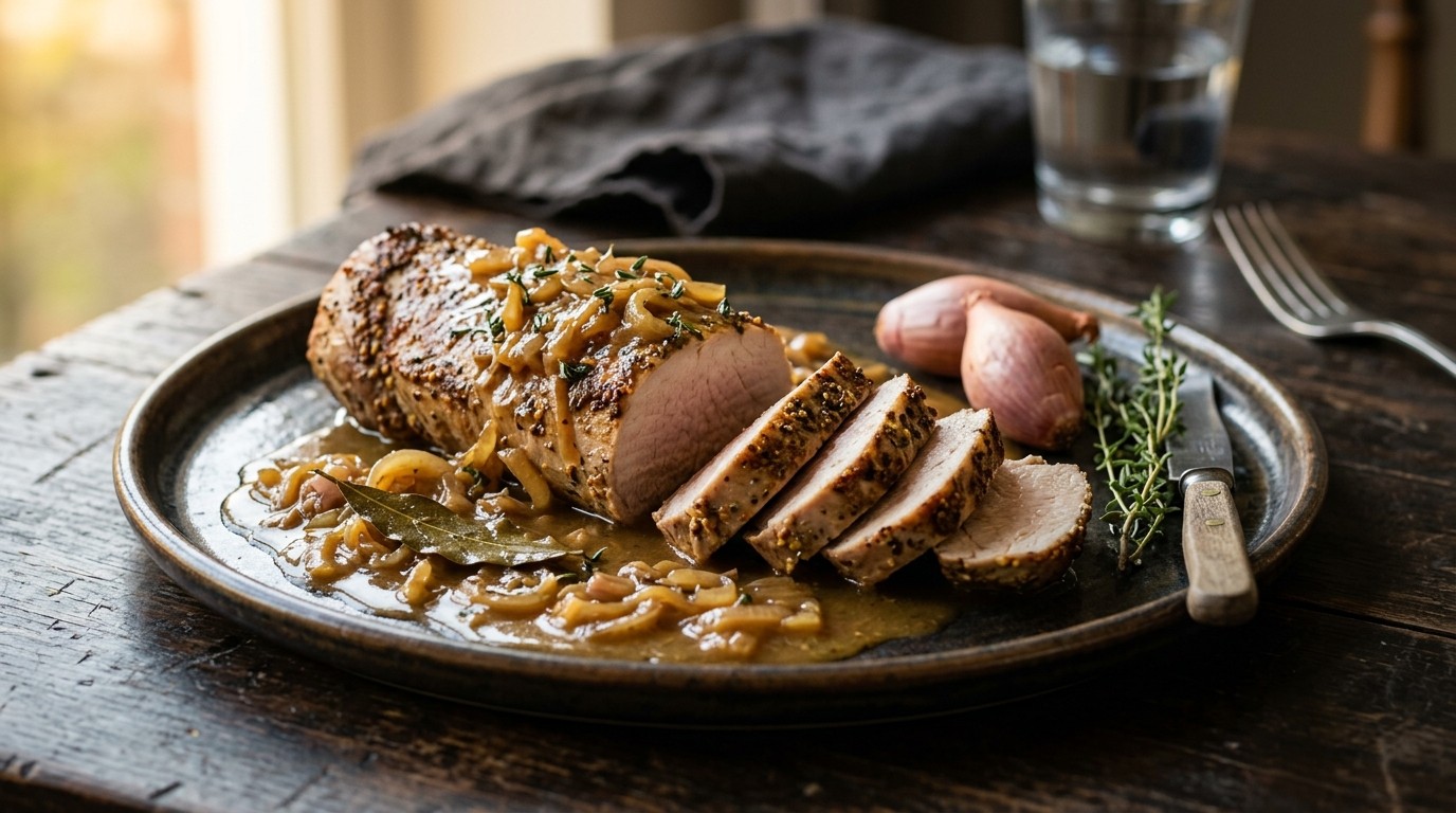 Varkensfilet met Ui-sjalotsaus recept Varkensfilet met Ui-sjalotsaus recept