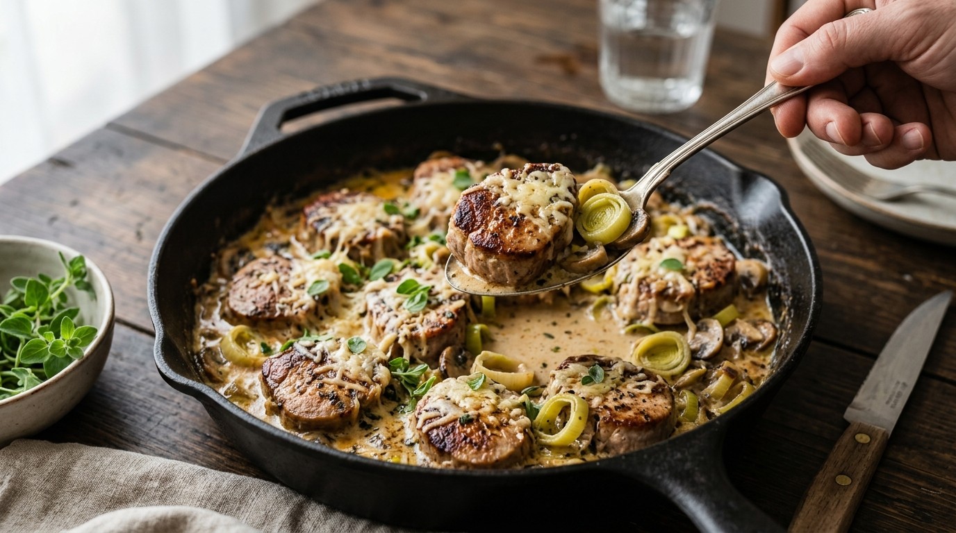 Varkensmedaillons met Prei en Champignons
