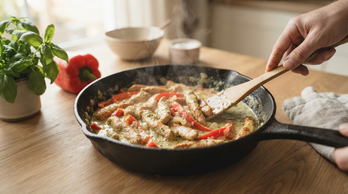 Varkensreepjes met Pestoroom recept Varkensreepjes met Pestoroom recept
