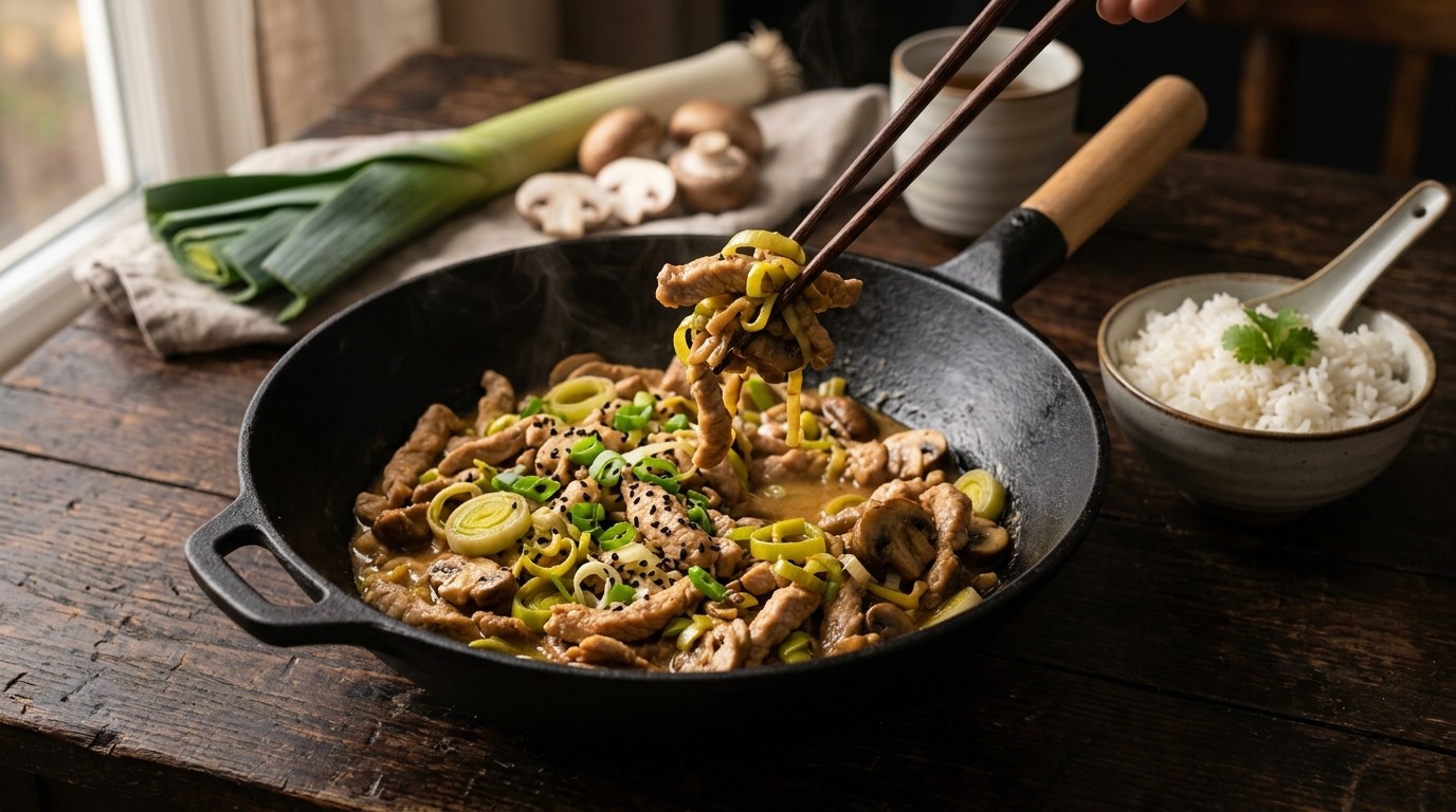 Varkensreepjes met Prei en Champignons recept Varkensreepjes met Prei en Champignons recept