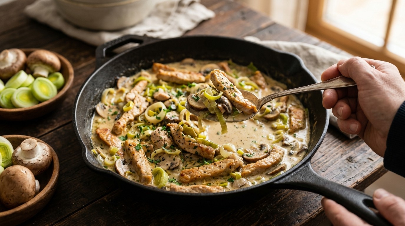 Varkensreepjes met Prei en Champignons