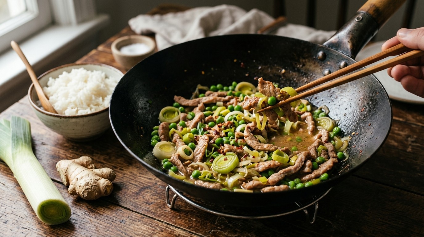 Varkensvlees met Prei en Doperwten recept Varkensvlees met Prei en Doperwten recept