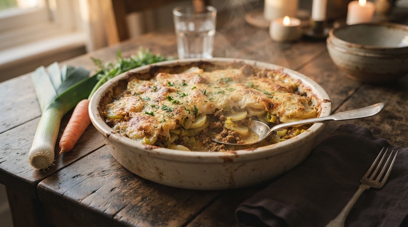 Vegetarische Ovenschotel met Prei, Aardappels, en Quorn