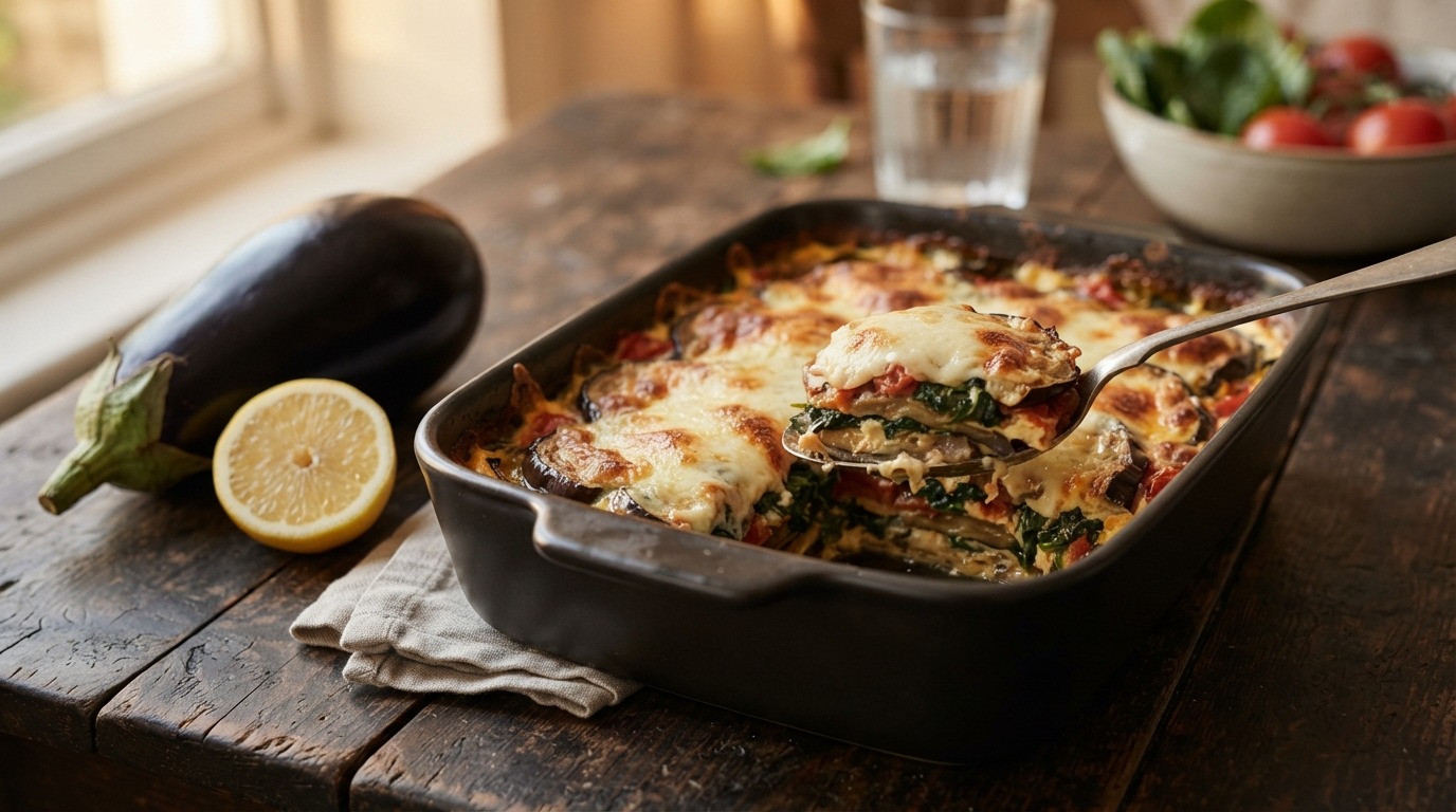 Vegetarische Ovenschotel met Spinazie en Aubergine