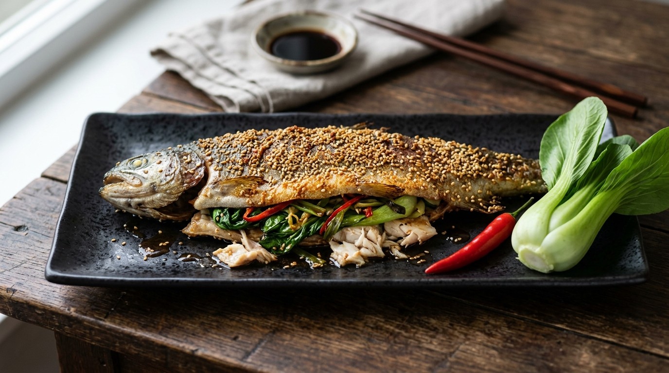 Vis Forel Gevuld met Pittige Paksoi recept Vis Forel Gevuld met Pittige Paksoi recept