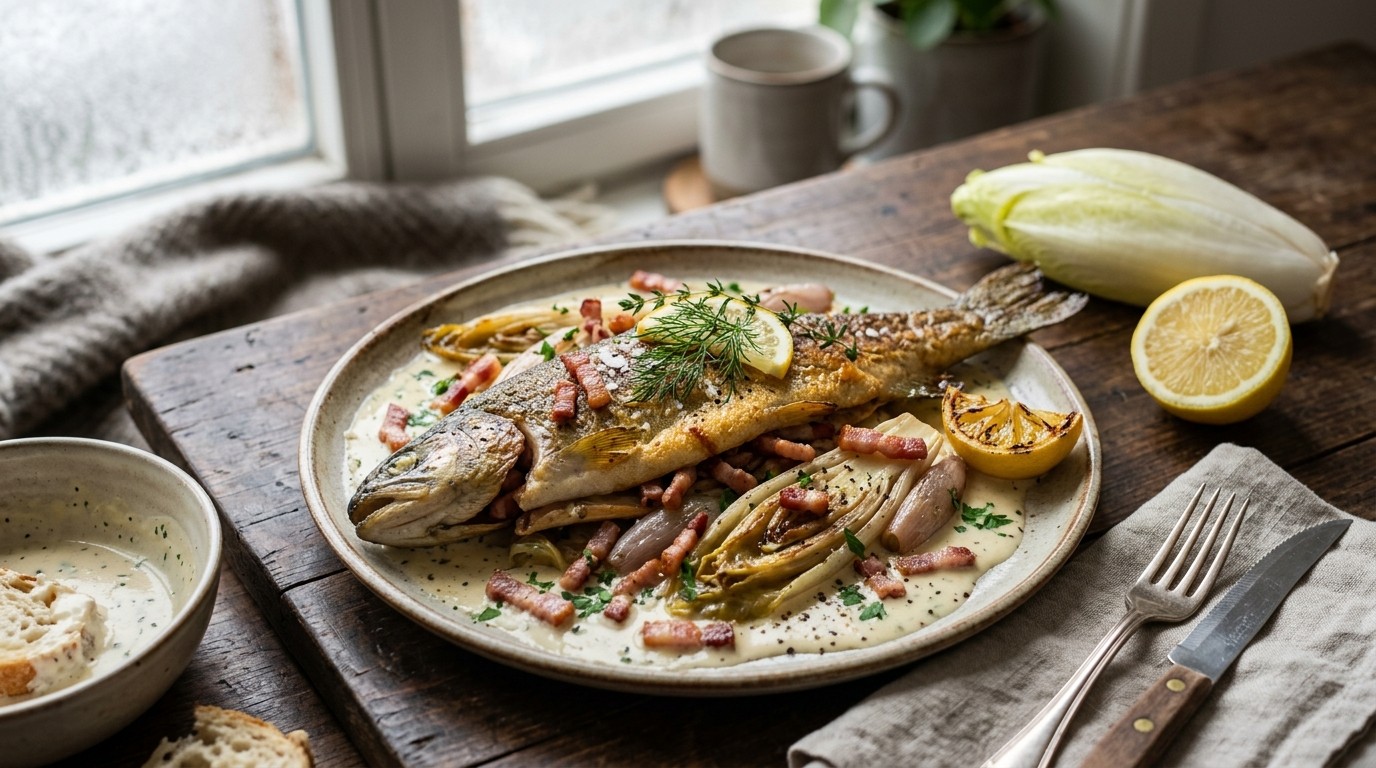 Vis Forel met Witlof en Spekreepjes