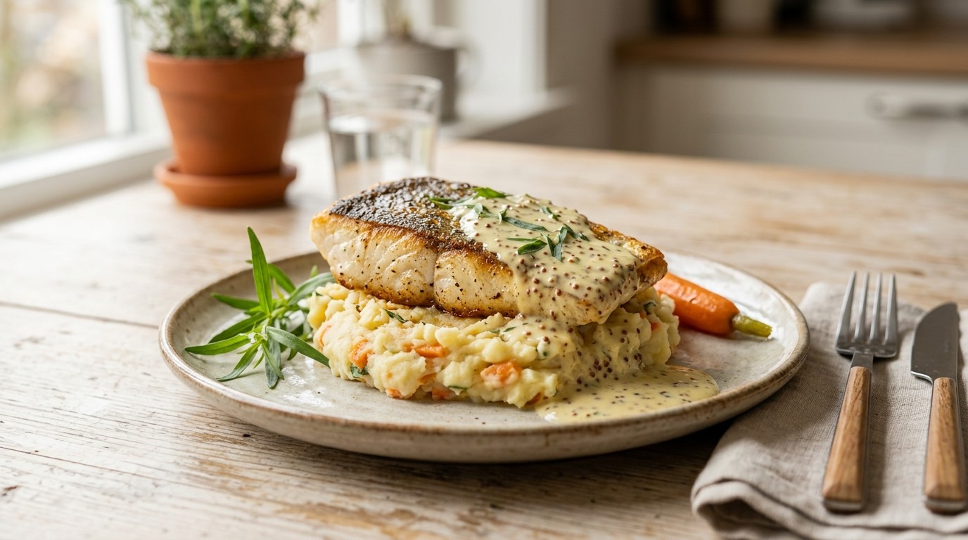Visfilet met Dragon-mosterdsaus recept Visfilet met Dragon-mosterdsaus recept