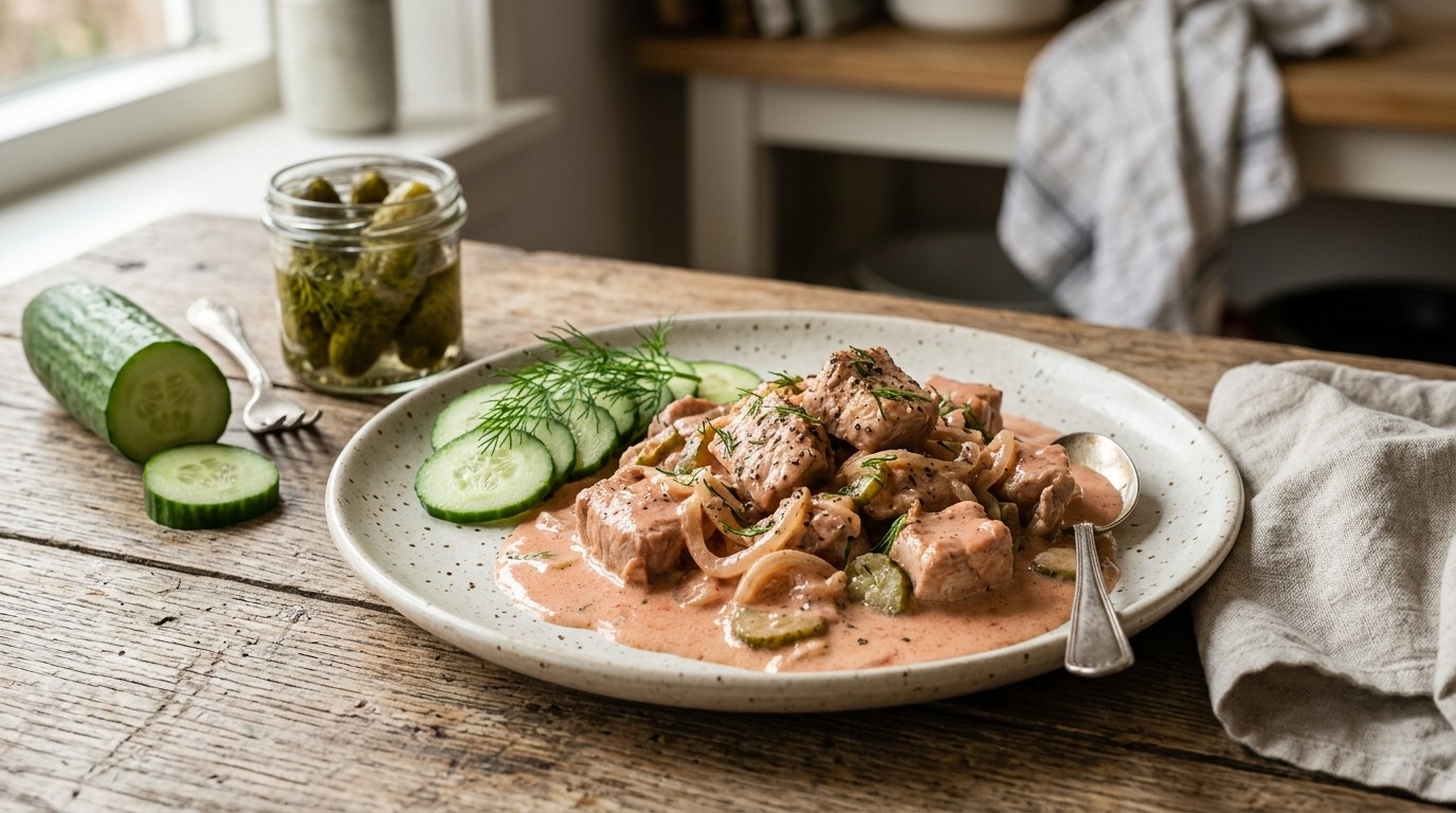 Vlees met Zure Room en Tomatenpuree
