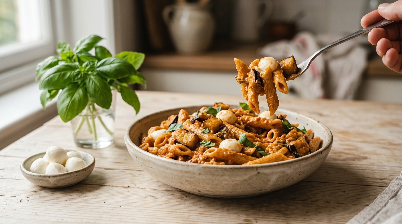 Volkoren Penne met een Saus van Aubergine, Mascarpone en Tomaat