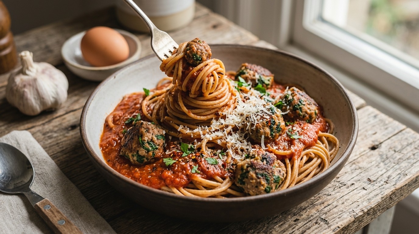 Volkoren Spaghetti met Spinaziegehaktballetjes